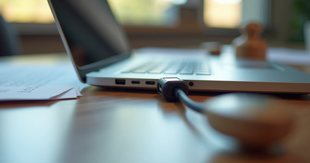 Leitor de certificado digital conectado a notebook de escritório de advocacia 