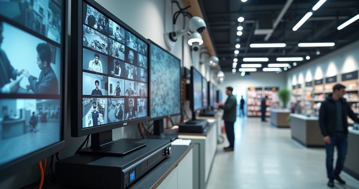 Técnico instalando câmeras em loja com DVR e monitor 
