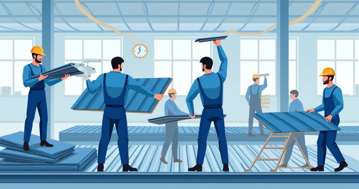 Equipe instalando cobertura metálica rapidamente 