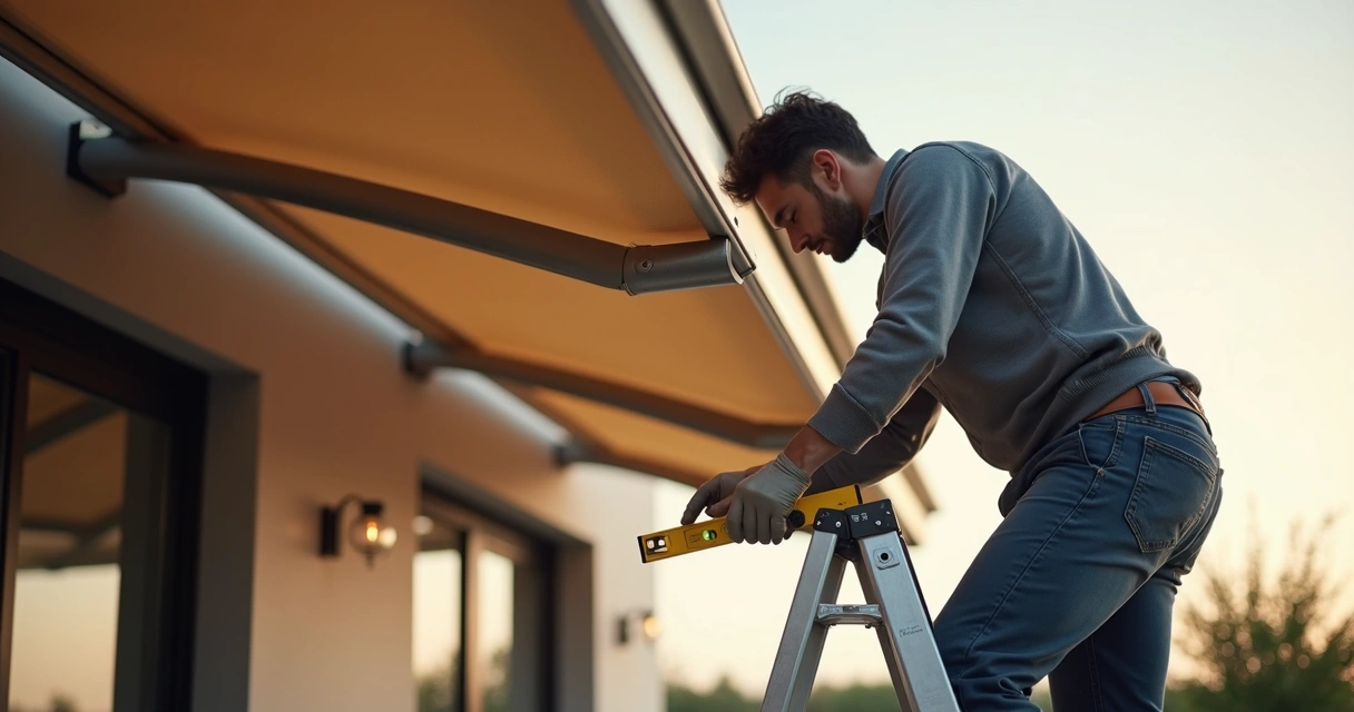Técnico usando nível em instalação de toldo com caimento 
