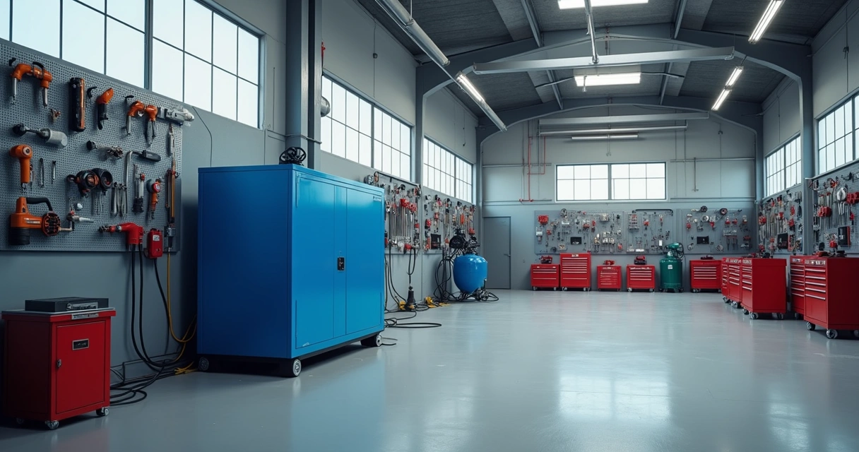 Instalação de compressor em oficina mecânica, com ferramentas ao redor 