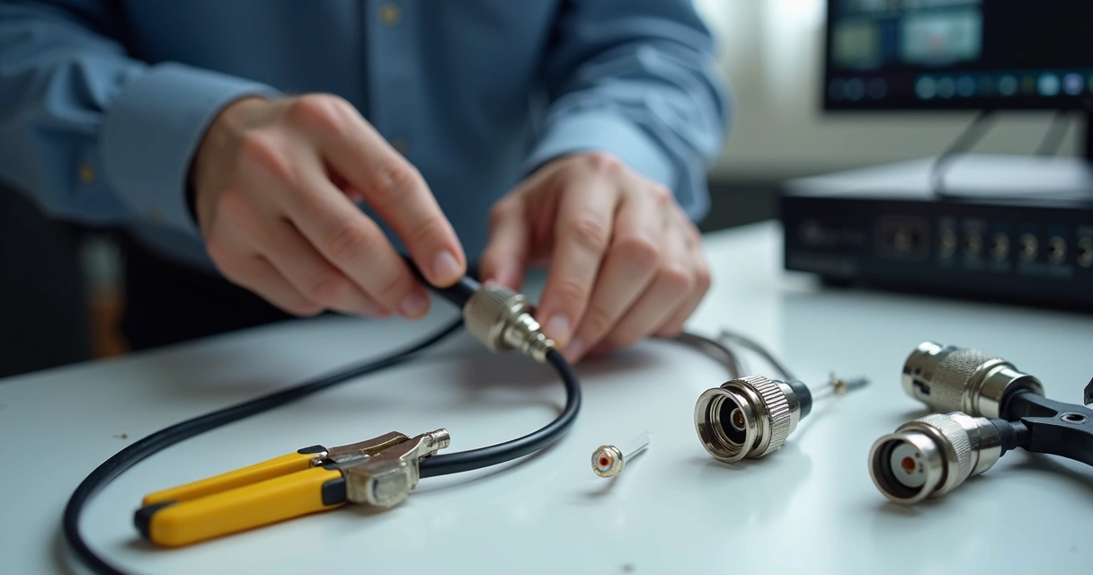 Instalador encaixando conector BNC em cabo coaxial de CFTV sobre bancada organizada 