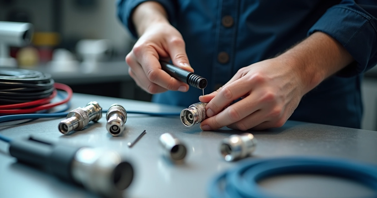 Detalhe de um cabo coaxial sendo preparado para receber um conector BNC