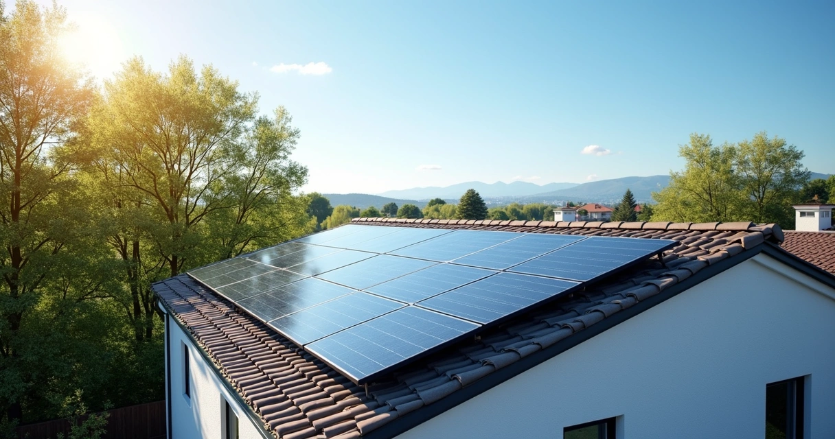 Sistema fotovoltaico instalado em telhado residencial sob céu claro 