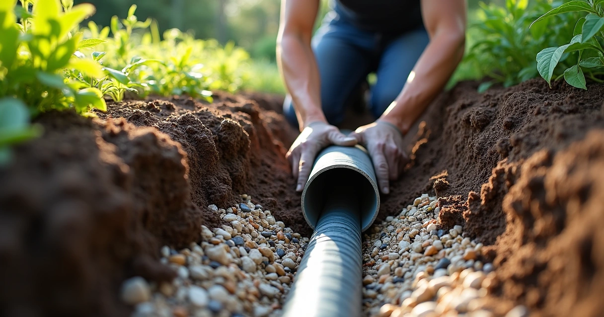 Trabalhador instalando tubagem de drenagem num jardim 