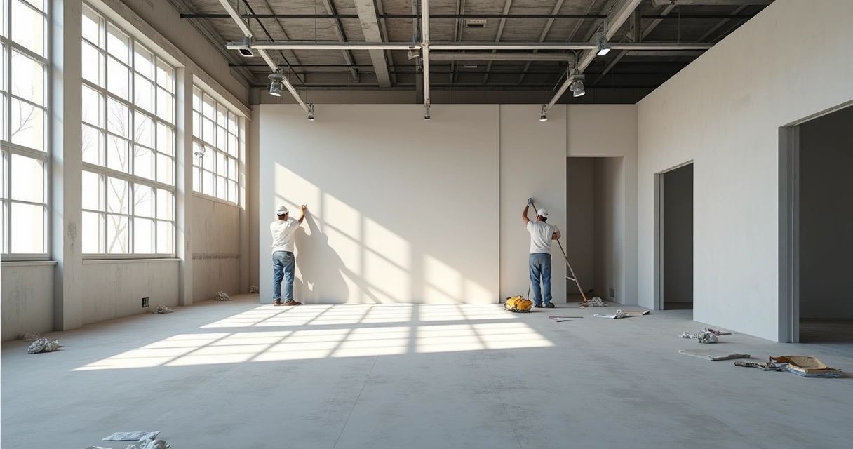 Montagem de placas de drywall e estrutura metálica em obra industrial 