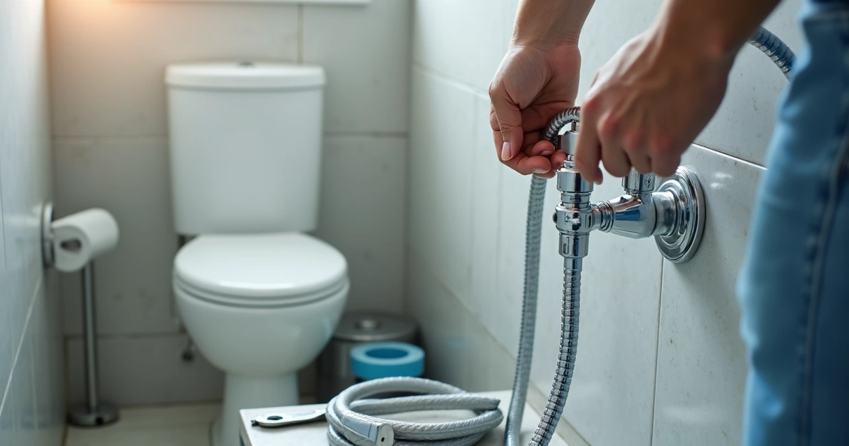 Mãos conectando ducha higiênica ao registro na parede 