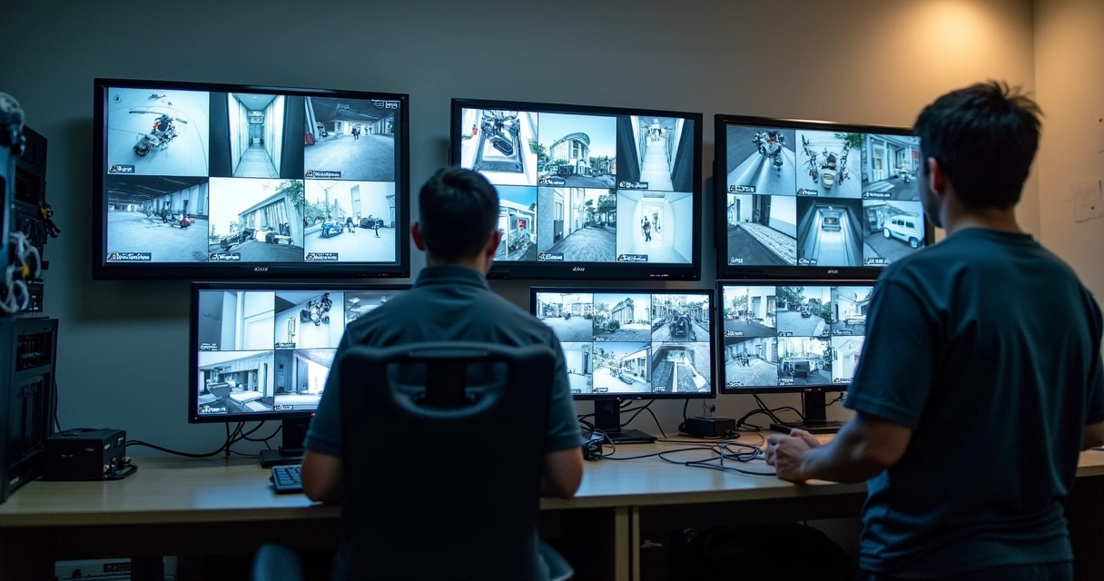 Instalação de DVR Intelbras em ambiente condominial com profissionais verificando a conexão das câmeras 