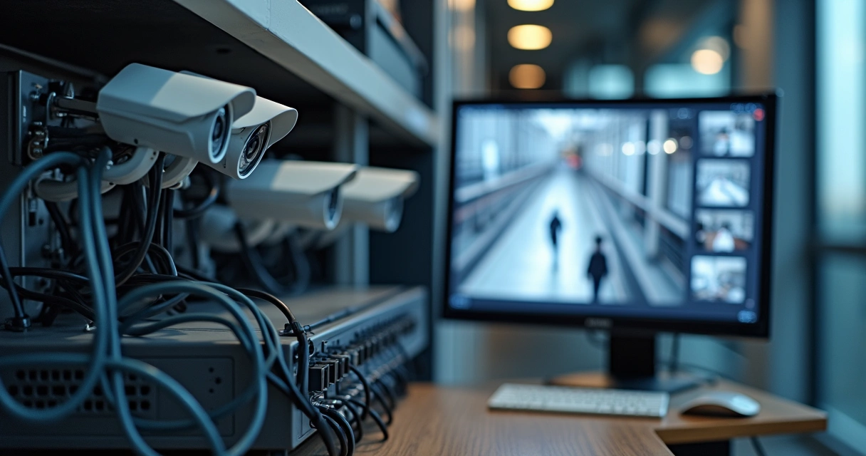 Instalação de DVR Intelbras, cabos organizados, câmeras conectadas e monitor em exibição