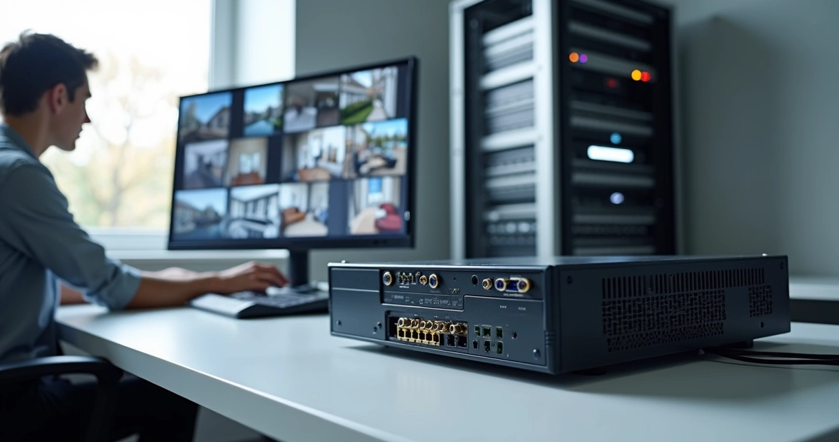 Instalador configurando DVR Intelbras em rack com câmeras de segurança 