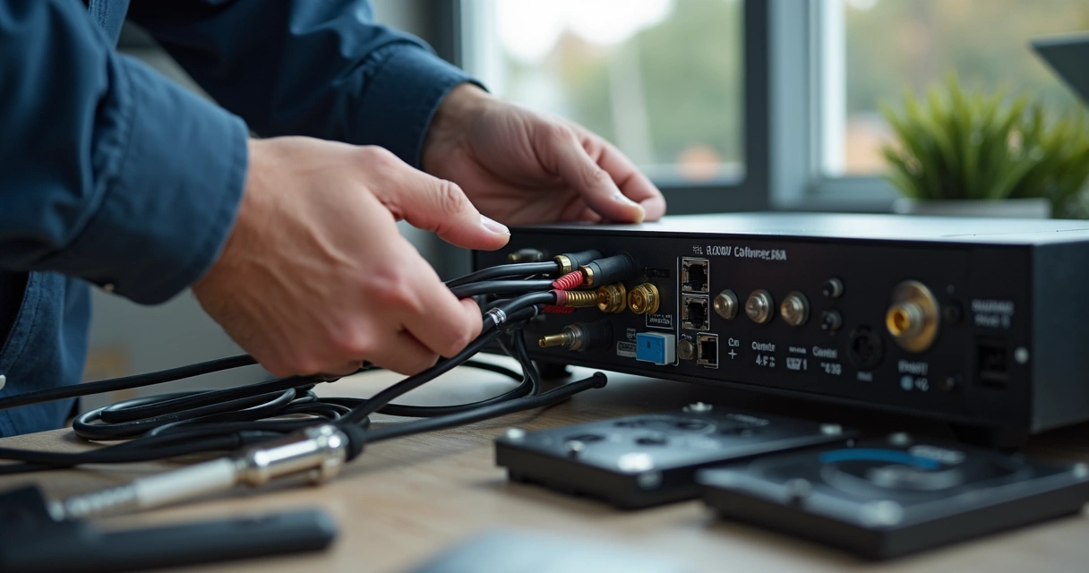 Instalador conectando DVR em sistema residencial de segurança 