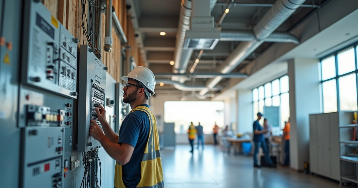 Quadro elétrico e dutos aparentes em construção de consultório no shopping 