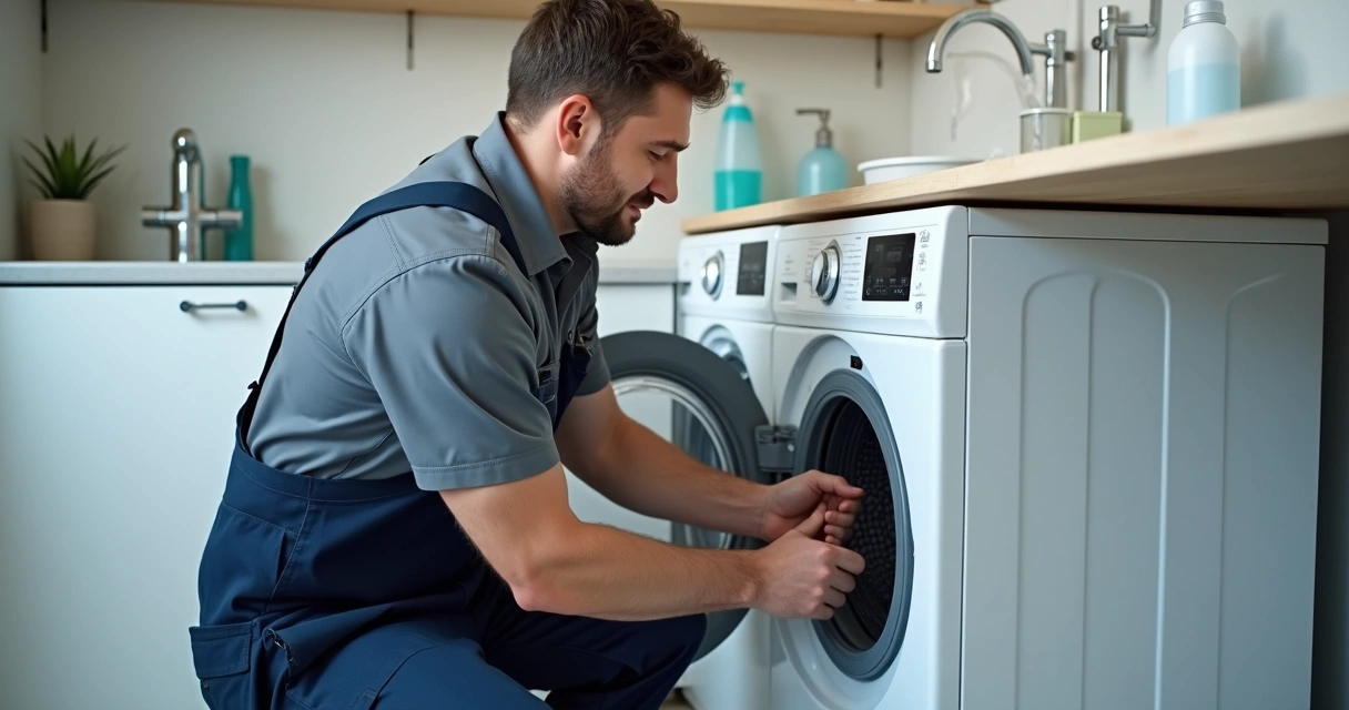 Técnico instalando máquina de lavar roupa em lavanderia residencial 