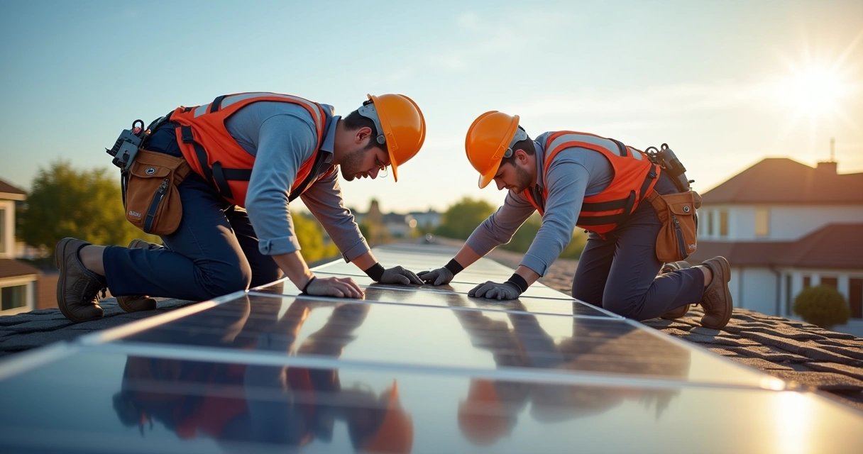 Técnicos uniformizados fazendo instalação de painéis solares residenciais