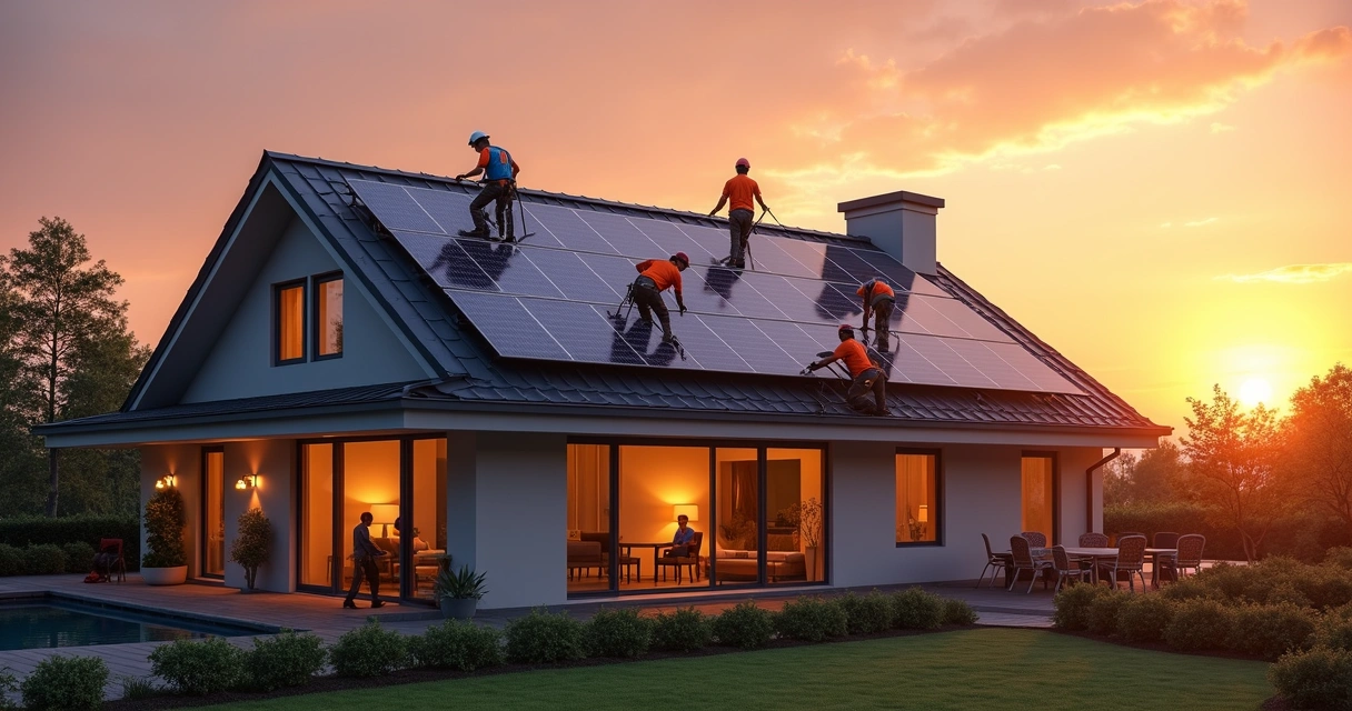Painéis solares sendo instalados em telhado residencial ao pôr do sol