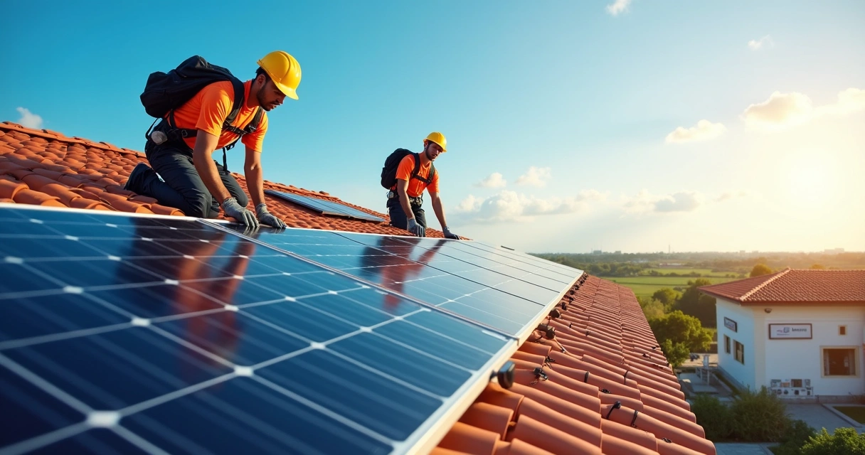 Técnicos instalando painéis solares em telhado de casa ao lado de pequeno prédio comercial 