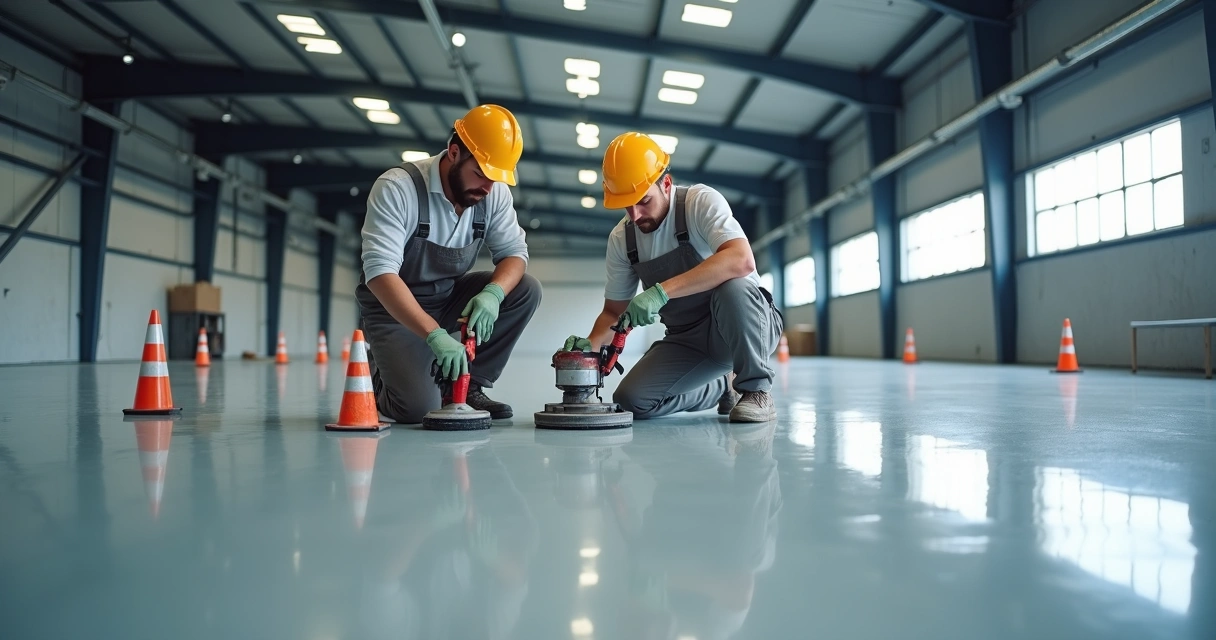 Técnicos aplicando piso epóxi com equipamentos profissionais em galpão comercial 