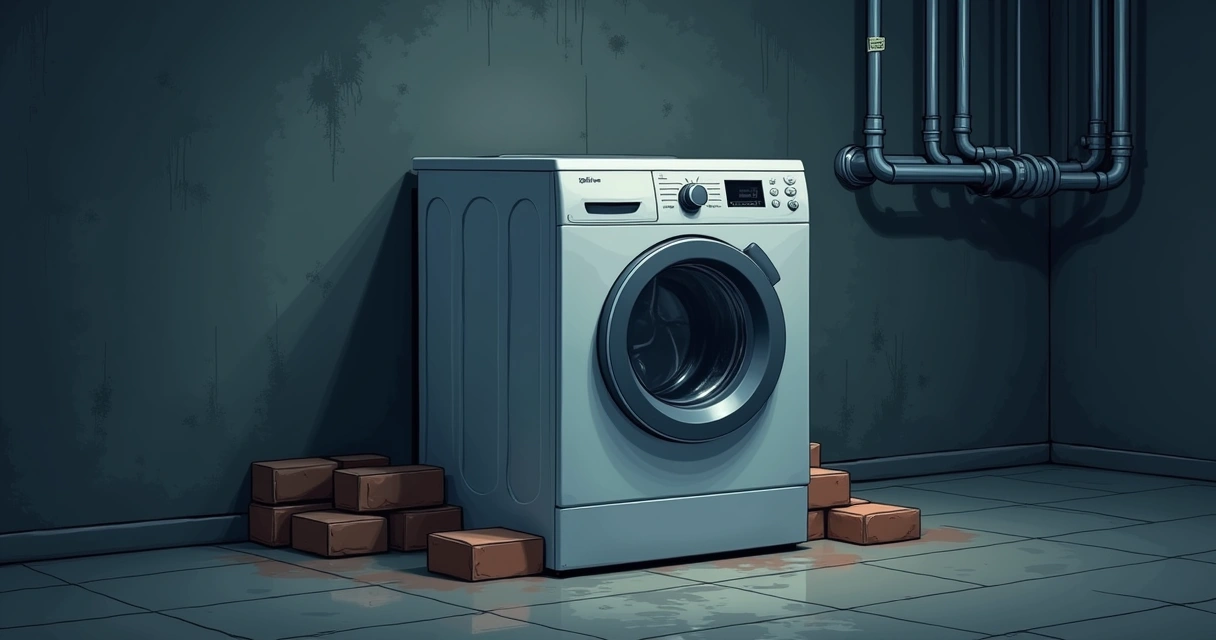 Máquina de lavar mal posicionada em piso irregular 