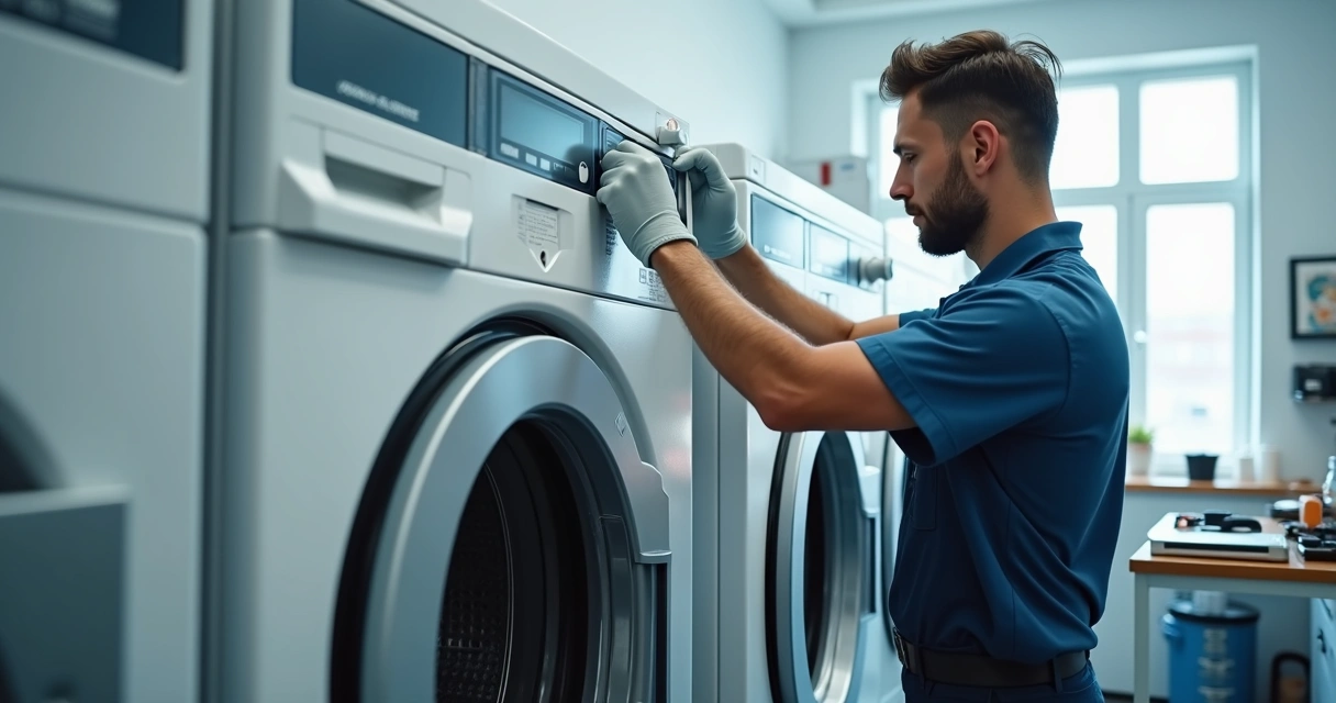 Técnico instalando filtro de linha em ambiente comercial 