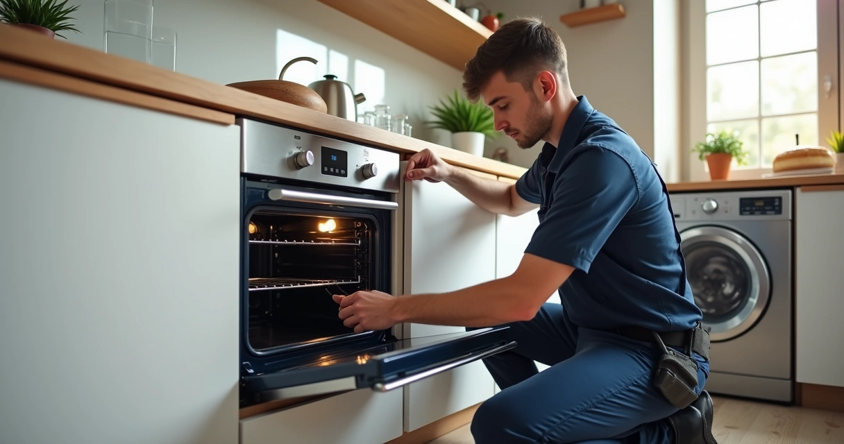 Técnico conecta forno elétrico com luz interna em parede branca moderna 