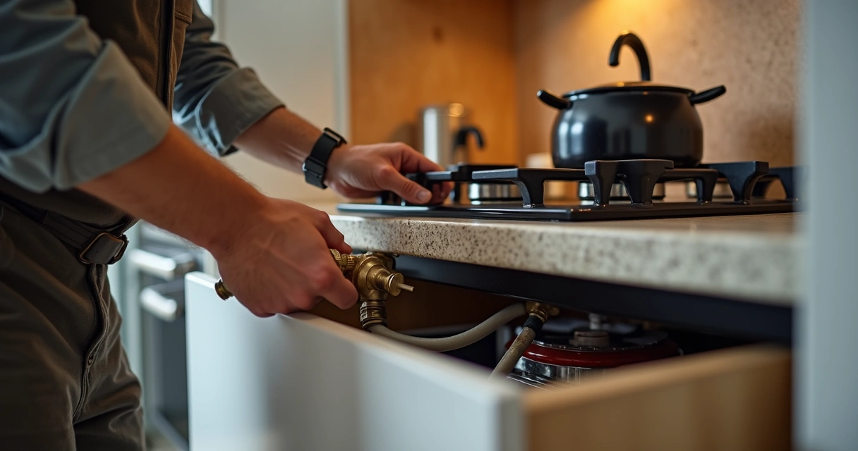 Técnico ajustando conexão de cooktop a gás 