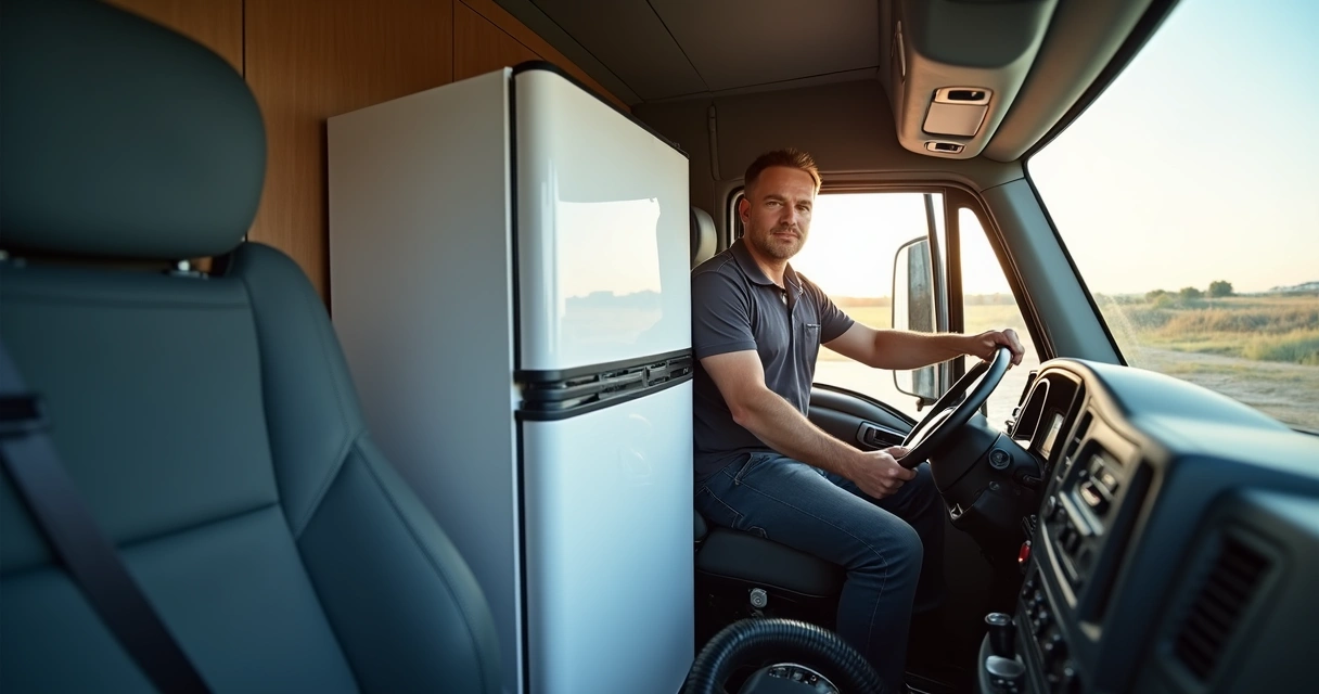 Motorista instalando geladeira compacta dentro do caminhão 