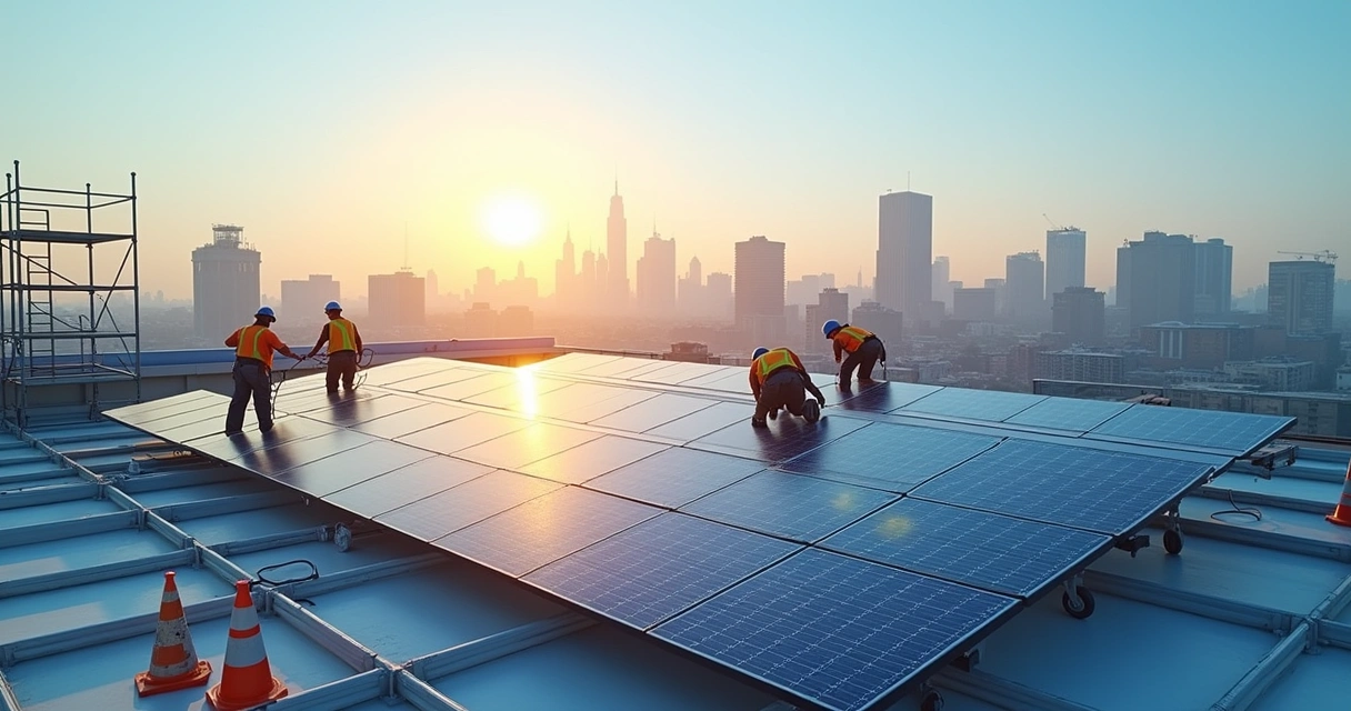 Equipe trabalhando na instalação de painéis solares em indústria 
