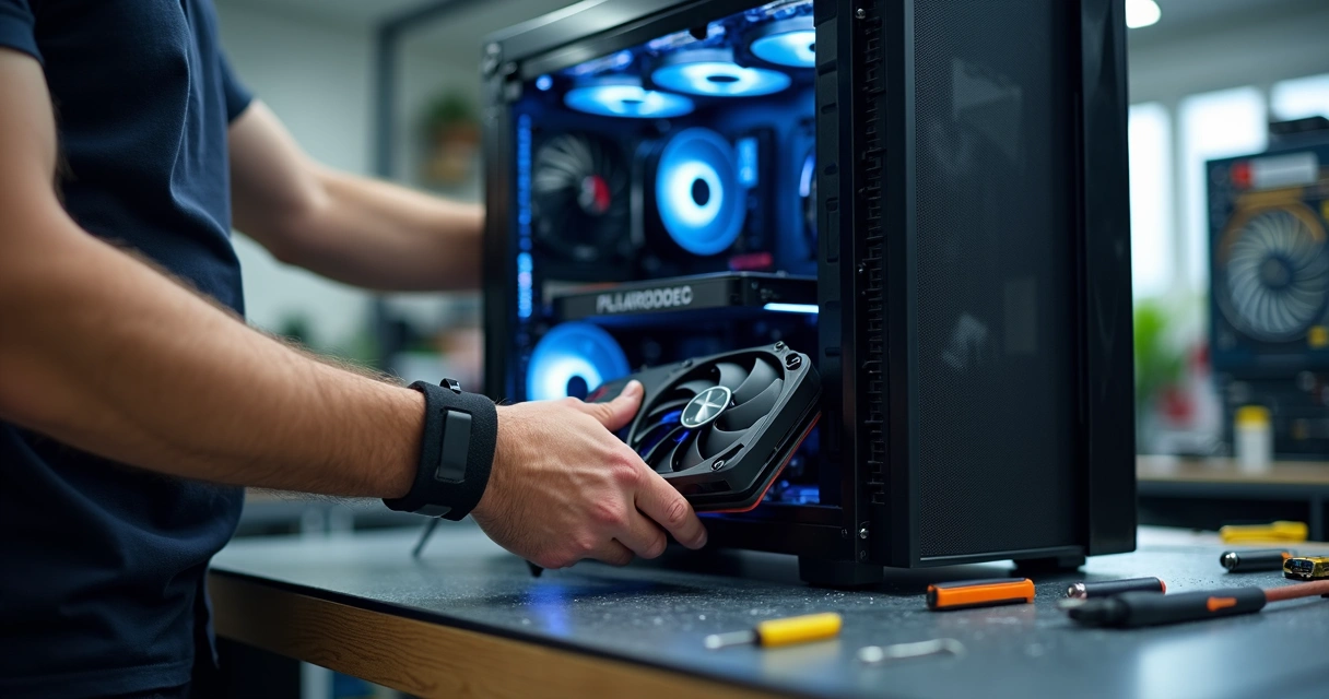 Técnico instalando GPU em computador desktop