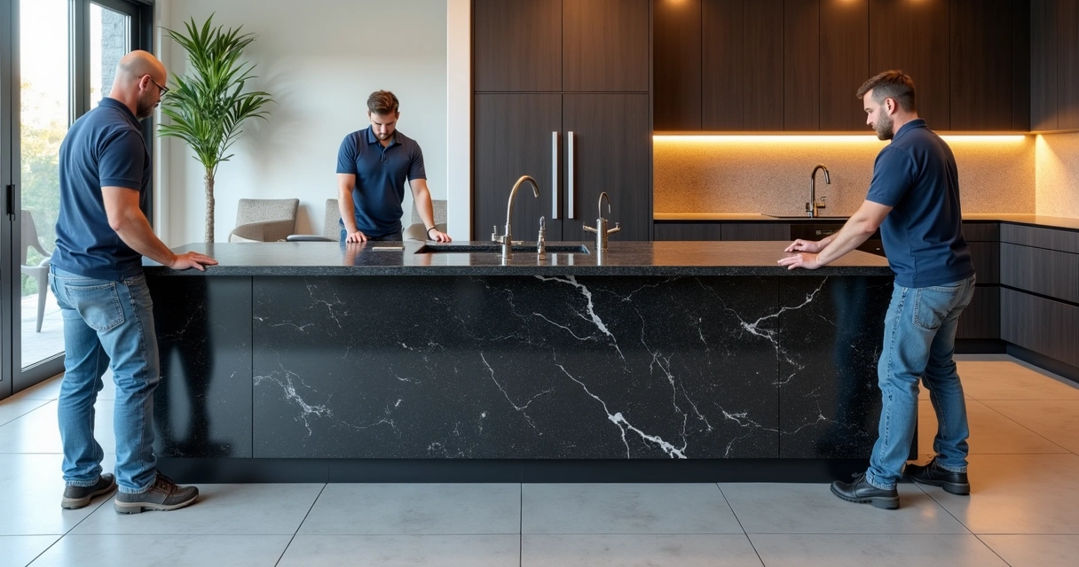 Instalação profissional de bancada de granito preto em cozinha ampla, equipe uniformizada 