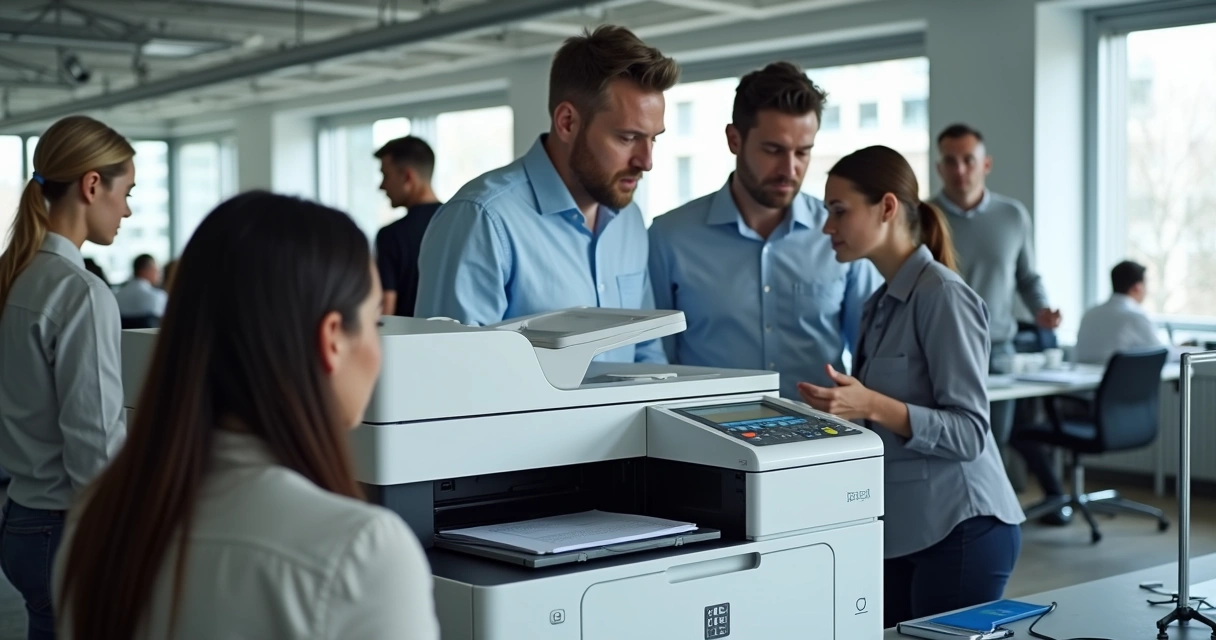 Técnicos instalando impressora em escritório