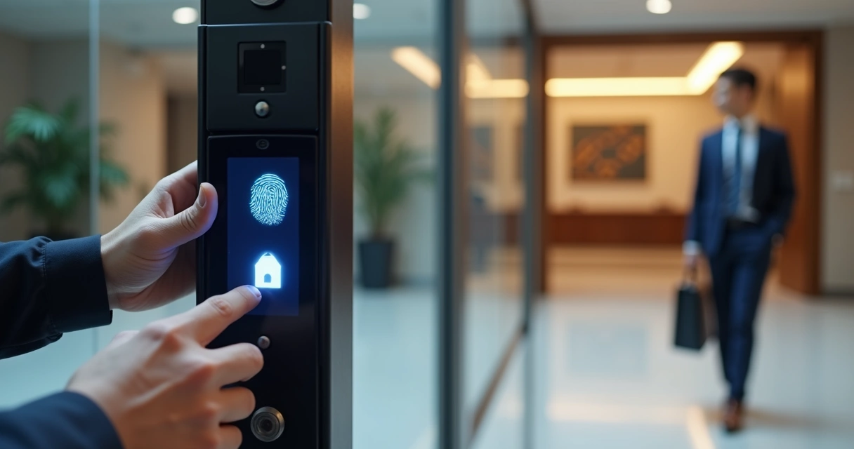 Técnico instala leitor biométrico em porta automática de escritório moderno 