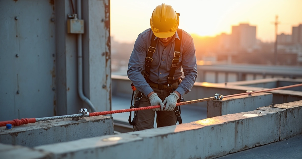 Trabalhador com vestuário de segurança usando talabarte preso em cabo de aço horizontal sobre laje industrial 