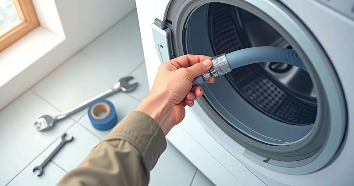 Detalhe da mão conectando mangueira em máquina de lavar 