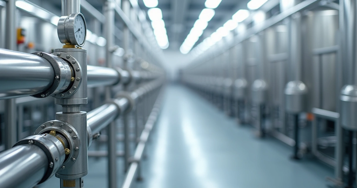 Instalação industrial com mangueiras de PTFE em linha química