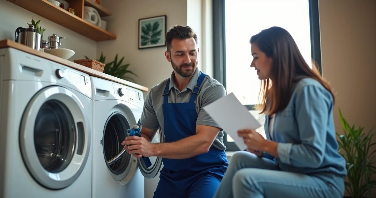 Técnico de uniforme instalando máquina de lavar roupas ao lado de dona de casa 