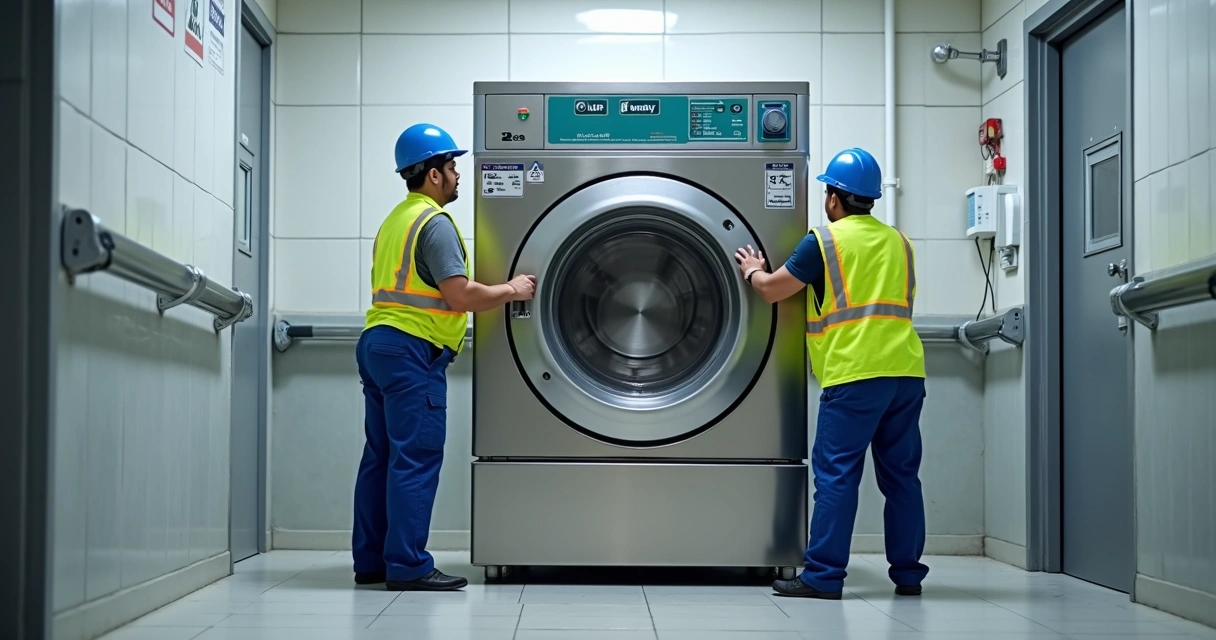 Instalação profissional de máquina de lavar industrial 