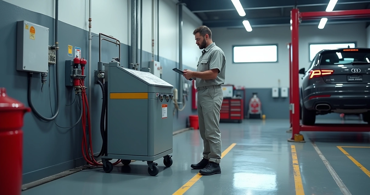 Técnico instalando máquina de troca de óleo automático em oficina organizada 