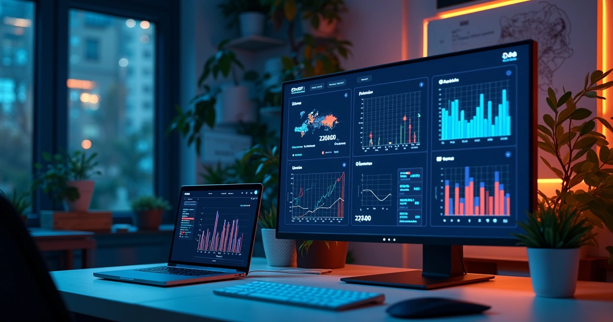 Tela de computador mostrando dashboard do Mautic com gráficos de automação de marketing e ambiente tecnológico ao fundo 