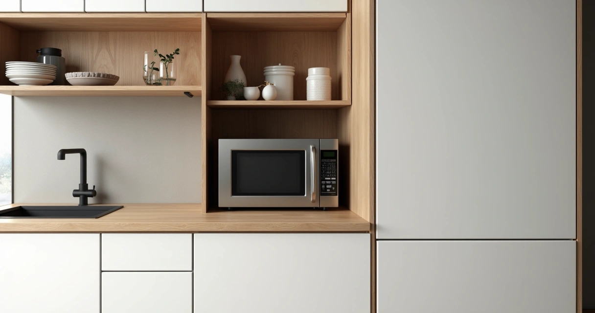 Micro-ondas instalado em altura adequada perto de prateleiras em cozinha compacta 