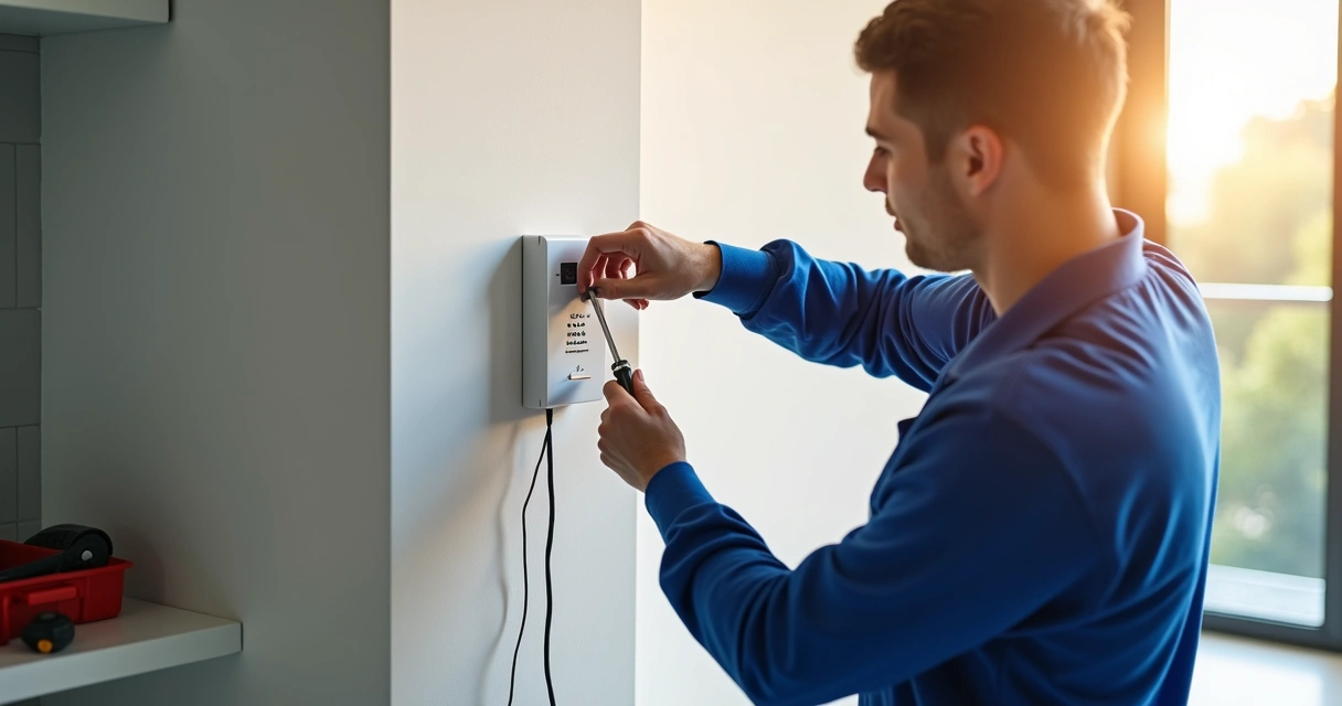 Técnico instalando monofone de interfone em parede clara 