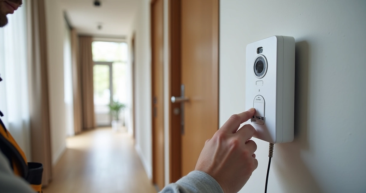 Instalador fixando monofone HDL branco em parede de hall moderno 