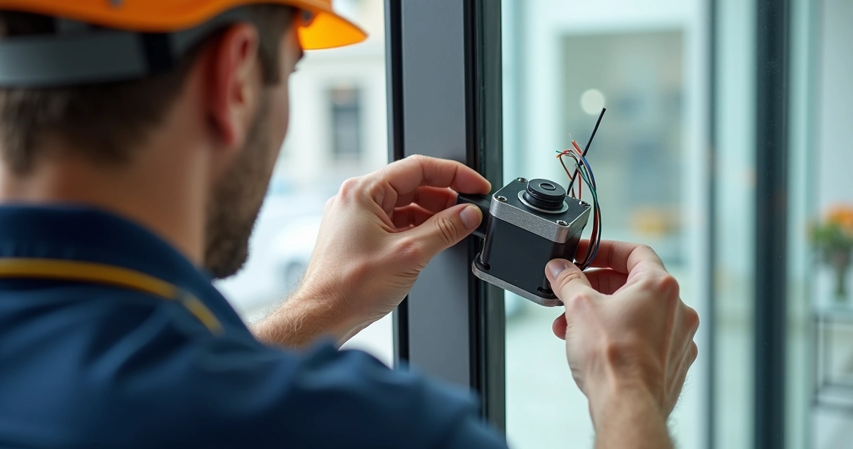 Visualização de um técnico instalando motor monofásico em uma porta automática