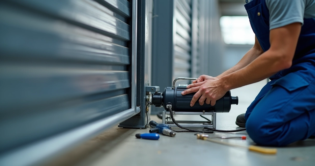 Técnico instalando motor em portão deslizante