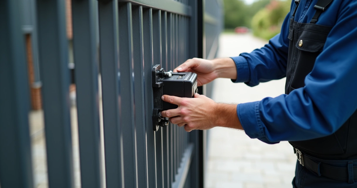 Técnico instalando motor automático de portão 