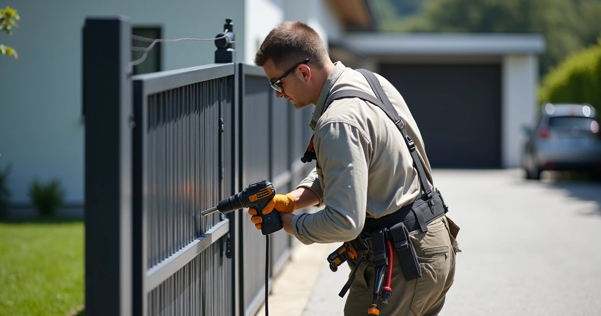 Instalador ajustando motor de portão basculante em residência moderna 