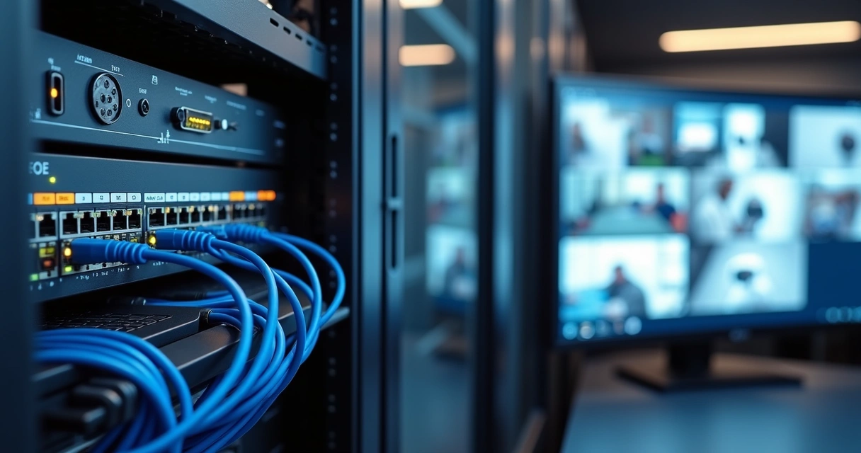 Rack com NVR, switch PoE e cabos organizados 