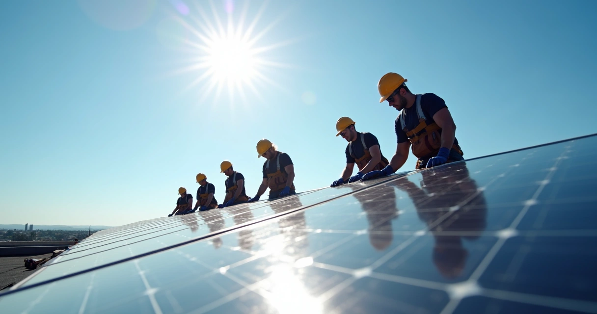 Instaladores posicionando painéis solares em telhado 