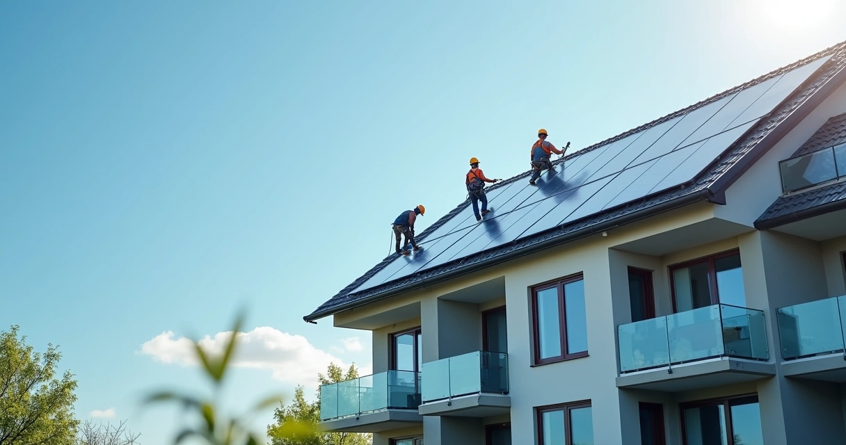Instalação de painéis solares em telhado de condomínio 