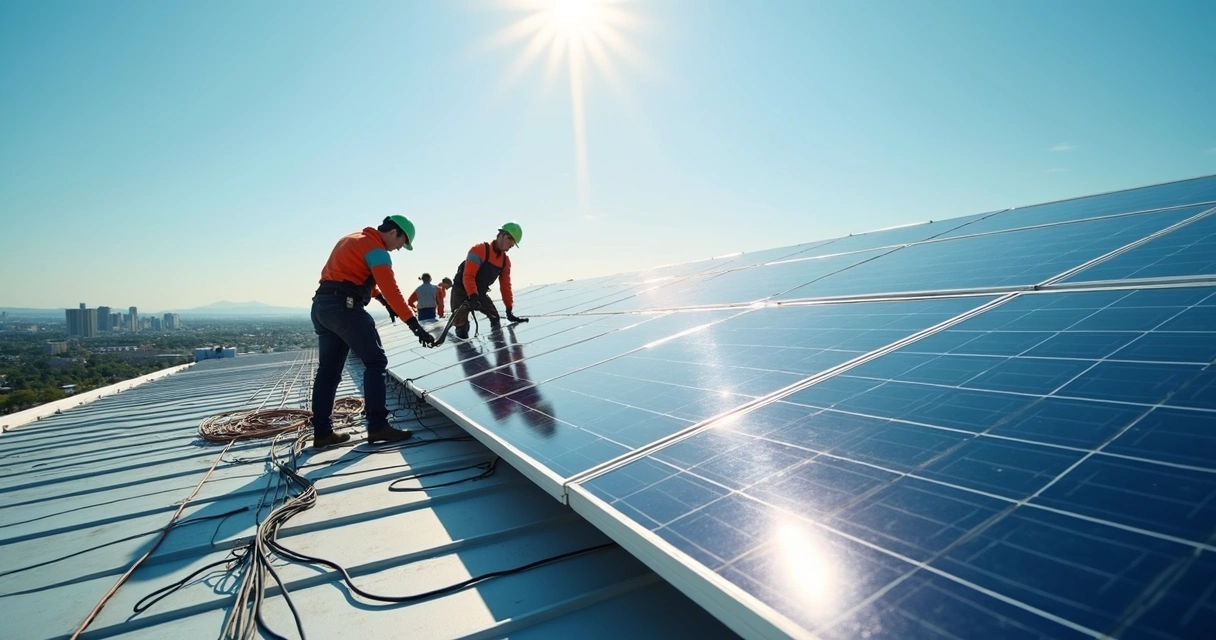 Técnicos instalam painéis solares em telhado amplo sob céu limpo 