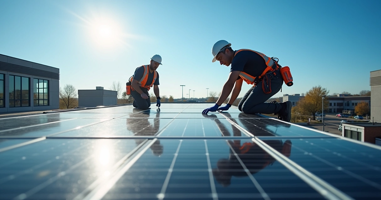 Técnicos instalando painéis solares em telhado de empresa em um dia ensolarado 